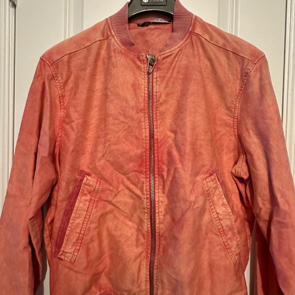 Zara Washed Coral Bomber Jacket L 100% Cotton Ribbed Hem & Cuffs Zip Closure - Picture 9 of 9